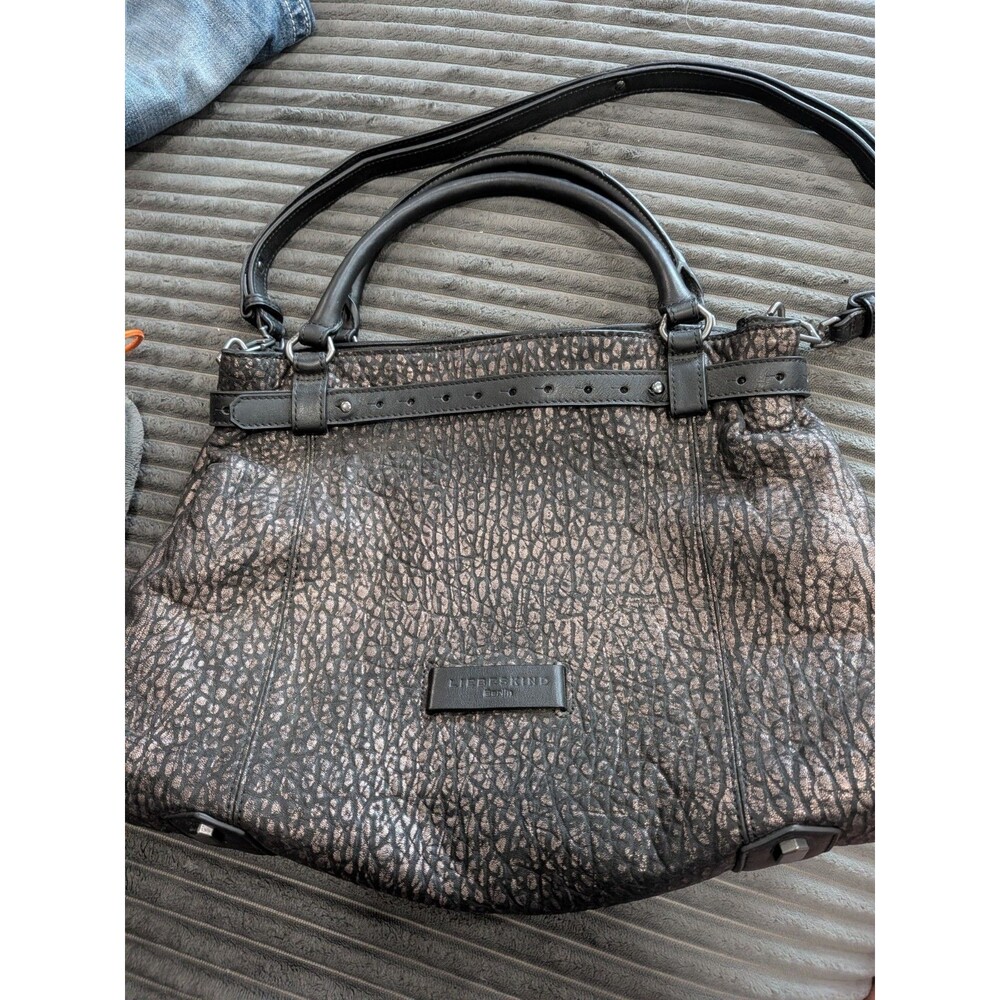 Liebeskind Berlin Black Metallic Crackle Leather Tote Satchel + Dust Bag